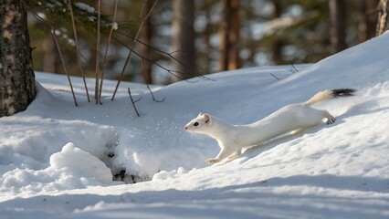 Adorable White Ermine in Winter Wonderland Landscape