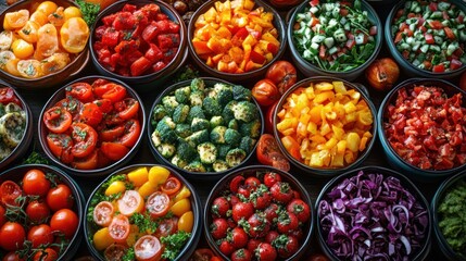 Fototapeta premium Colorful assortment of prepared vegetables in small bowls