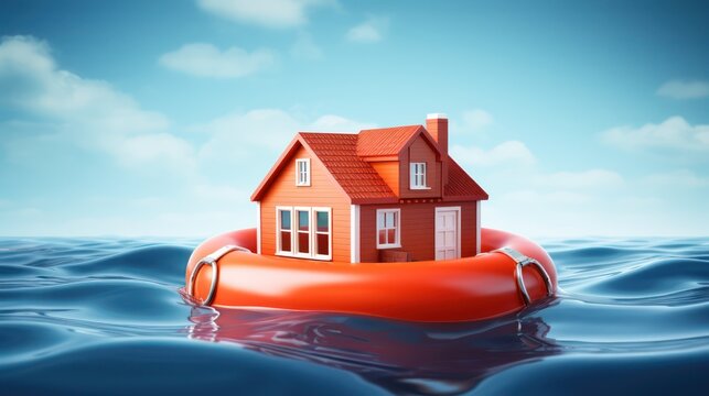 A small red house floating on a red lifebuoy in the ocean with a blue sky in the background.