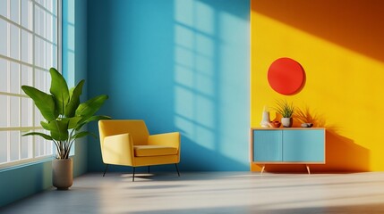  Bright modern living room with pops of color. Sunlight streams through large windows.