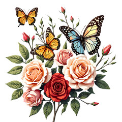 Beautiful floral arrangement with roses and colorful butterflies on a transparent background, vector illustration