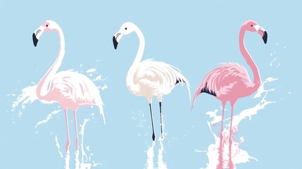 Fototapeta premium Three elegant flamingos, varying shades of pink and white, stand in water splashes against a light blue backdrop
