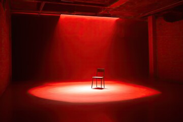 A single chair spotlighted in a red-lit industrial room, creating a stark, minimalist scene