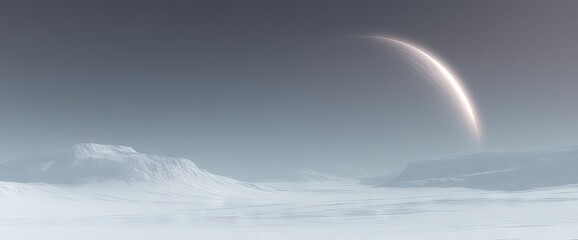 Arctic landscape Mountains, snow, bright celestial body, sky