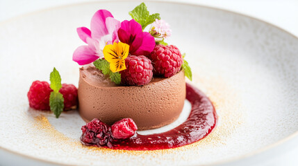 An exquisite dessert plate featuring a chocolate mousse topped with fresh raspberries and edible flowers, elegantly presented on a fine dining dish