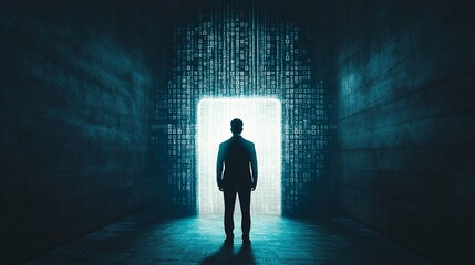 Obraz premium Businessman facing a portal of binary code
