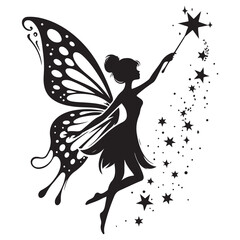 Elegant Silhouette of a Magical Fairy with Sparkling Wings and Wand Creating Stars – Enchanting Fantasy Illustration for Art, Crafts, and Storybook Design