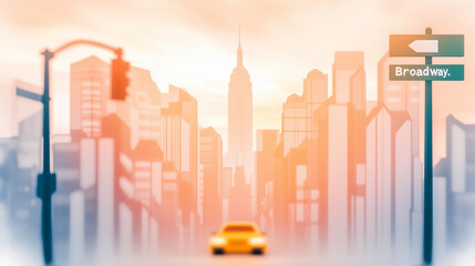 A soft-focus view of a city skyline at twilight, featuring a yellow taxi and a Broadway sign, embodying the essence of metropolitan life