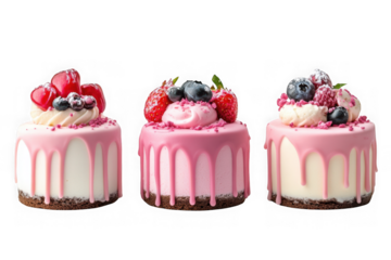 Three miniature cakes with pink drizzle and berry toppings, detailed close-up presentation, isolated on transparent background