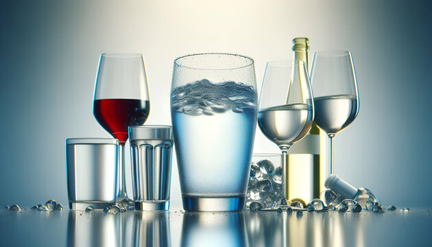A glass of water beside untouched wine and soda glasses, representing abstemious drinking habits.