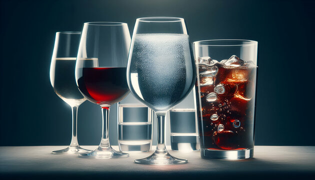A glass of water beside untouched wine and soda glasses, representing abstemious drinking habits.