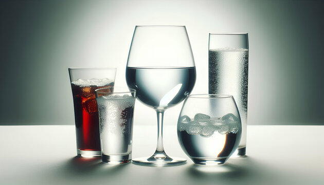 A glass of water beside untouched wine and soda glasses, representing abstemious drinking habits.