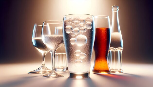 A glass of water beside untouched wine and soda glasses, representing abstemious drinking habits.