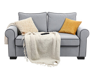 Grey Sofa with Cream and Mustard Pillows and Throw Blanket