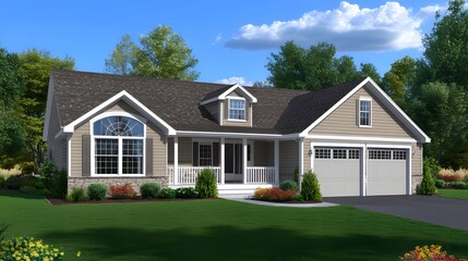Obraz premium Exterior view of a light taupe colored home design.