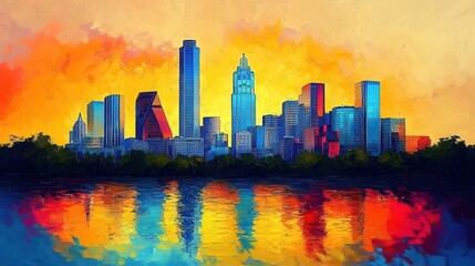 Obraz premium Vibrant Cityscape at Sunset Reflected in Water