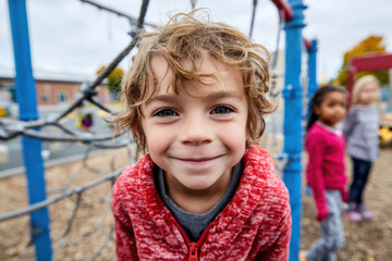 Smiling boy at recess with friends in background on playground representing childhood joy, outdoor play, and social interaction