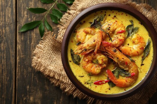 Close up overhead shot of prawn coconut curry on a wooden table