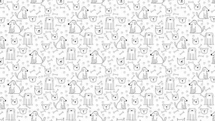 Seamless pattern with dog breeds cat faces bones and paw prints in black outline on white background