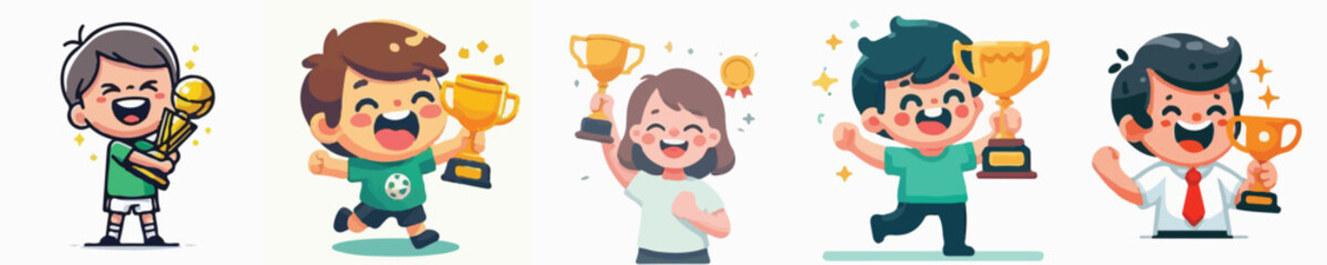 Vector of a proud child of parents holding a champion's trophy