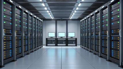 A modern data center with multiple server racks and monitors in a secure, climate-controlled environment.