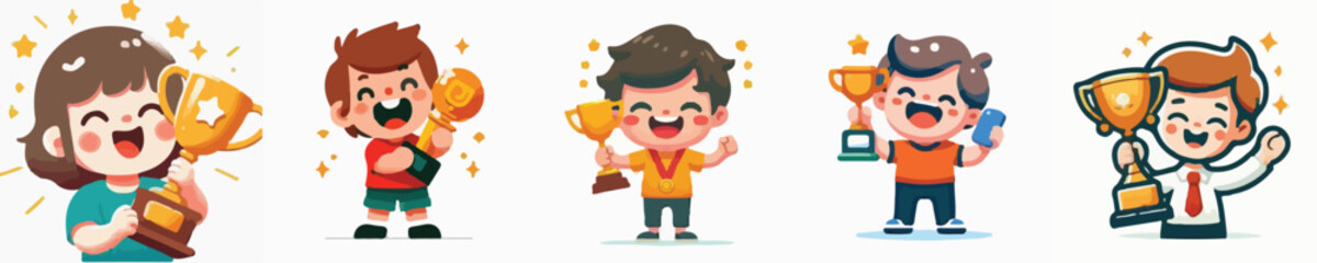 Set vector of a child holding a champion trophy