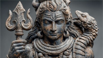 Obraz premium Lord shiva holding trident and damaru with serpent hindu art spiritual setting majestic view