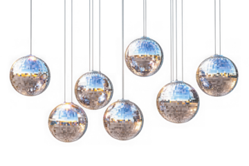 Group of hanging disco balls with mirrored tiles reflecting light and suspended by thin cables isolated on transparent background