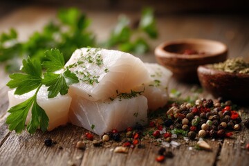 Closeup of raw cod pieces spices and parsley on a table