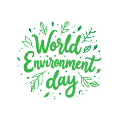 Fototapeta premium World Environment Day hand-drawn lettering with green leaf accents design