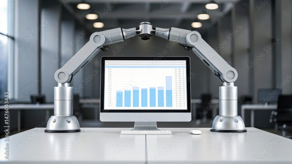 Poster robotic arms work with a computer displaying bar charts in a modern office setting, symbolizing auto