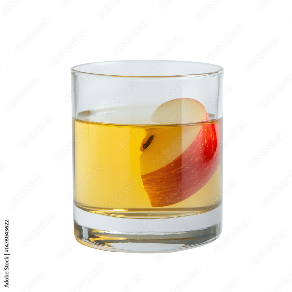 Poster refreshing glass of apple juice with a slice of red apple floating on top in a clear drinking glass 