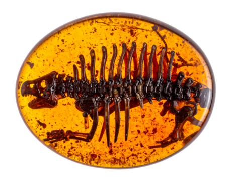 Fossilized Reptile Skeleton in Amber Gemstone