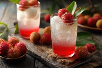 Closeup of tasty lychee drinks on a wooden surface