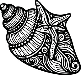 A black and white sea shell illustration line art of a coloring page