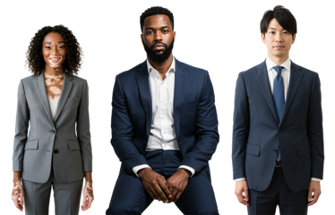 Diverse group of three business professionals, including a woman with vitiligo, a Black man, and an Asian man, posing in suits against a transparent background in a studio portrait.