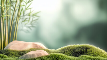 A serene landscape featuring bamboo, smooth stones, and lush green moss, evoking tranquility and natures beauty