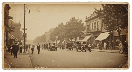 Vintage City Street with Cars and People