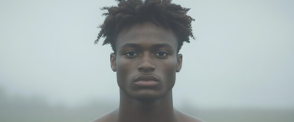 Striking headshot of a young man with styled hair in a foggy, outdoor setting