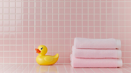Stack of soft pink towels beside a cheerful rubber duck, set against a pastel tiled background, ideal for bathroom decor