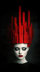Woman with red geometric headpiece, dark background, striking makeup, eyes closed