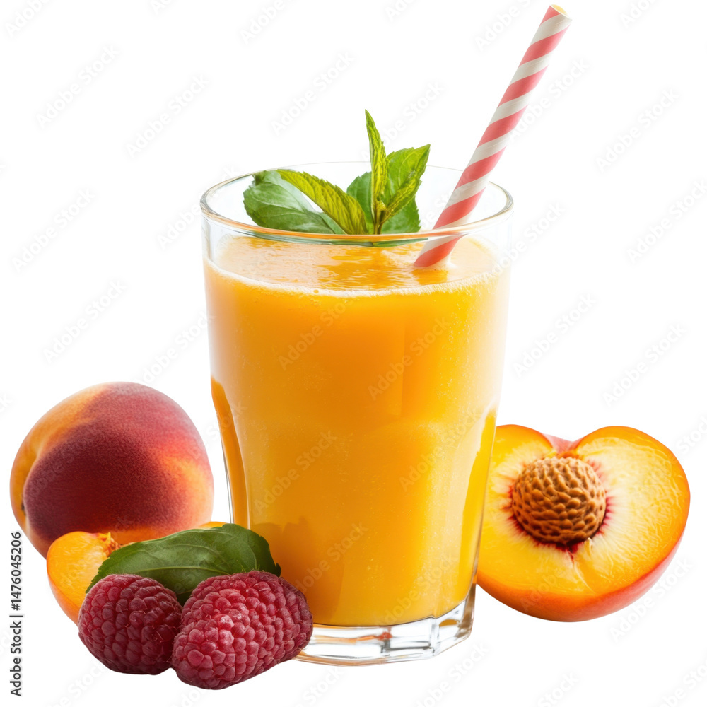 Aufkleber refreshing peach and raspberry smoothie in a glass with a red striped straw and a mint garnish, perf