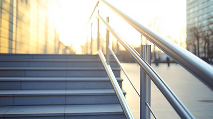 Wide-angle view of outdoor stairs leading to a building, showcasing architectural beauty in a bright and inviting setting