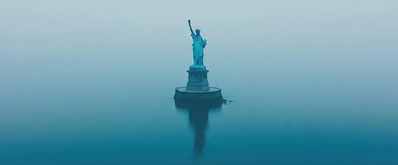 Statue stands tall on a small island, surrounded by a foggy, calm sea, reflecting in the water