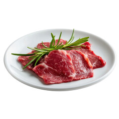 Freshly Sliced Red Meat on White Plate Garnished with Green Rosemary Sprigs for Culinary Presentation and Food Photography Styles