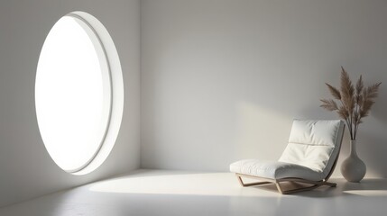 Serene Minimalist Room Interior Design with Modern Lounge Chair and Oval Window, Illuminated by Soft Natural Light