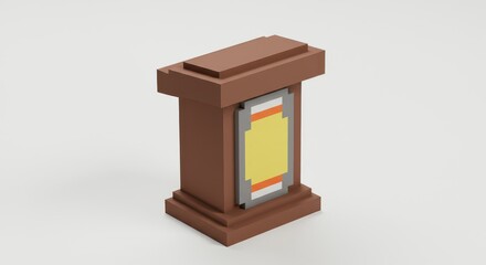 Low-poly 3D model of a wooden podium with a blank yellow plaque
