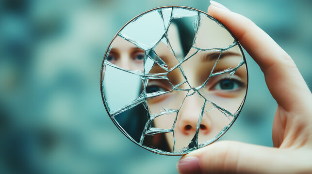 A close-up of a person holding a broken mirror reflecting their face, symbolizing self-reflection and inner struggles