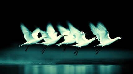 White birds flying over water at night