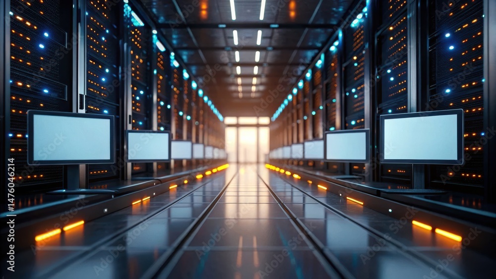 Poster a modern data center with rows of server racks and monitors, illuminated by blue and orange lights.